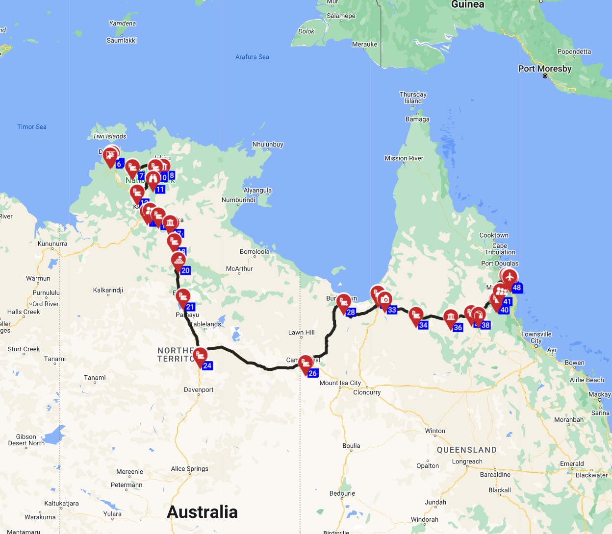 Map for Darwin to Cairns - The Tropical North Journey